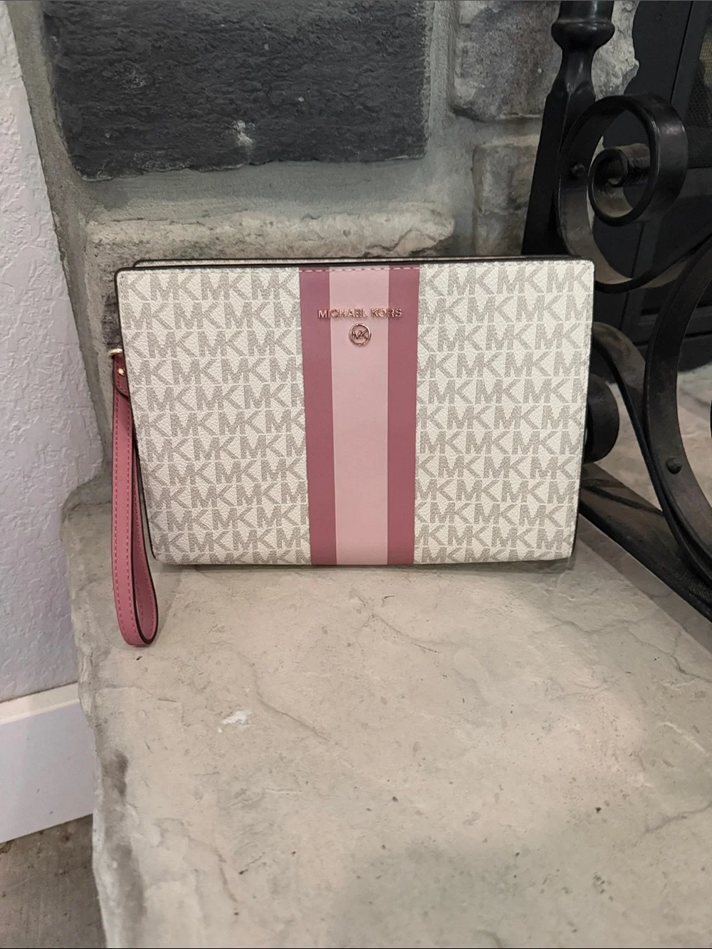 Michael Kors White Signature Logo Wristlet with Pink Stripe